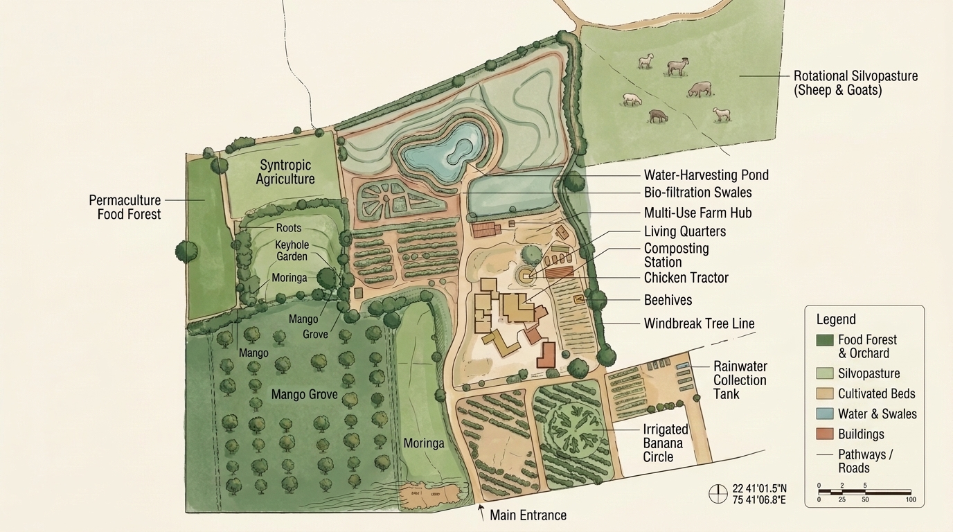 Illustrated master plan of the Asmakam permaculture food forest campus, showing the food forest, silvopasture, water-harvesting pond, farm hub and living quarters